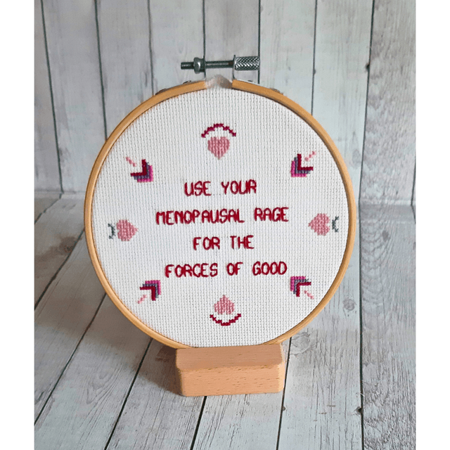 Use your menopausal rage, completed cross stitch home decor