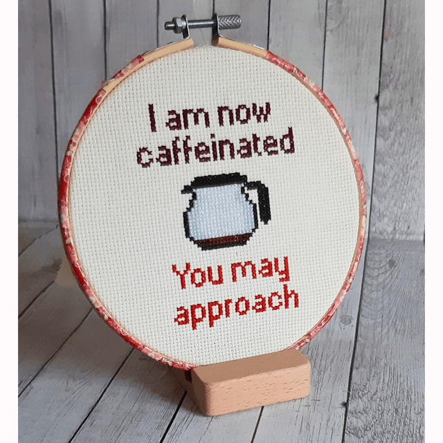 I am now caffeinated, completed cross stitch