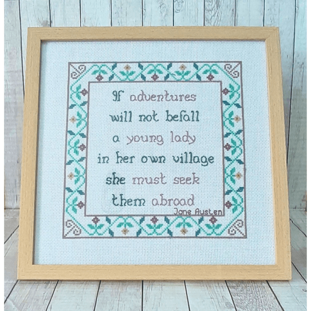 If adventures do not befall a young lady..., Jane Austen quote, completed cross stitch, home decor
