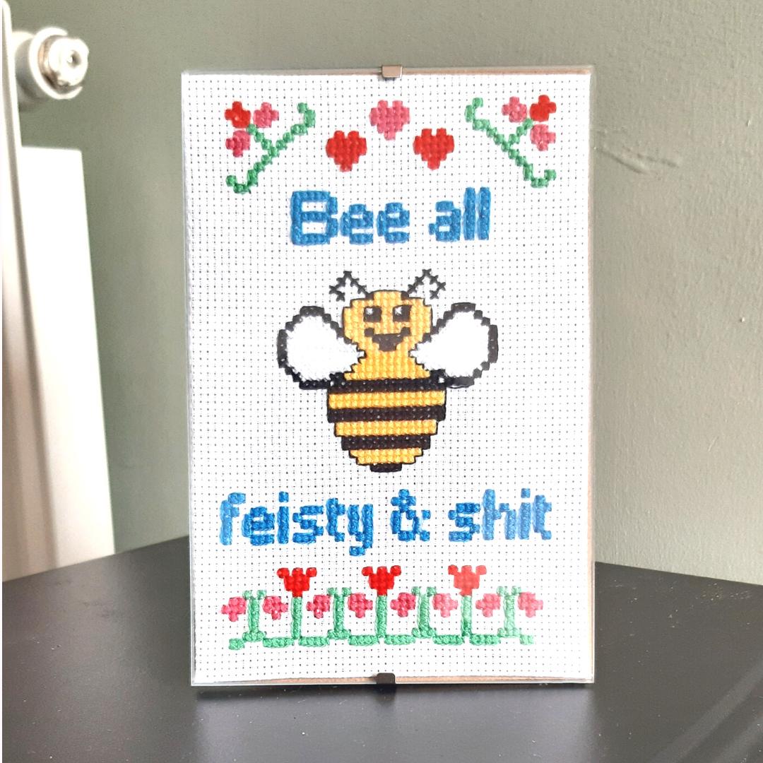 Bee all feisty and shit, cross stitch pattern pdf, immediate download - Thistleflat Crafts