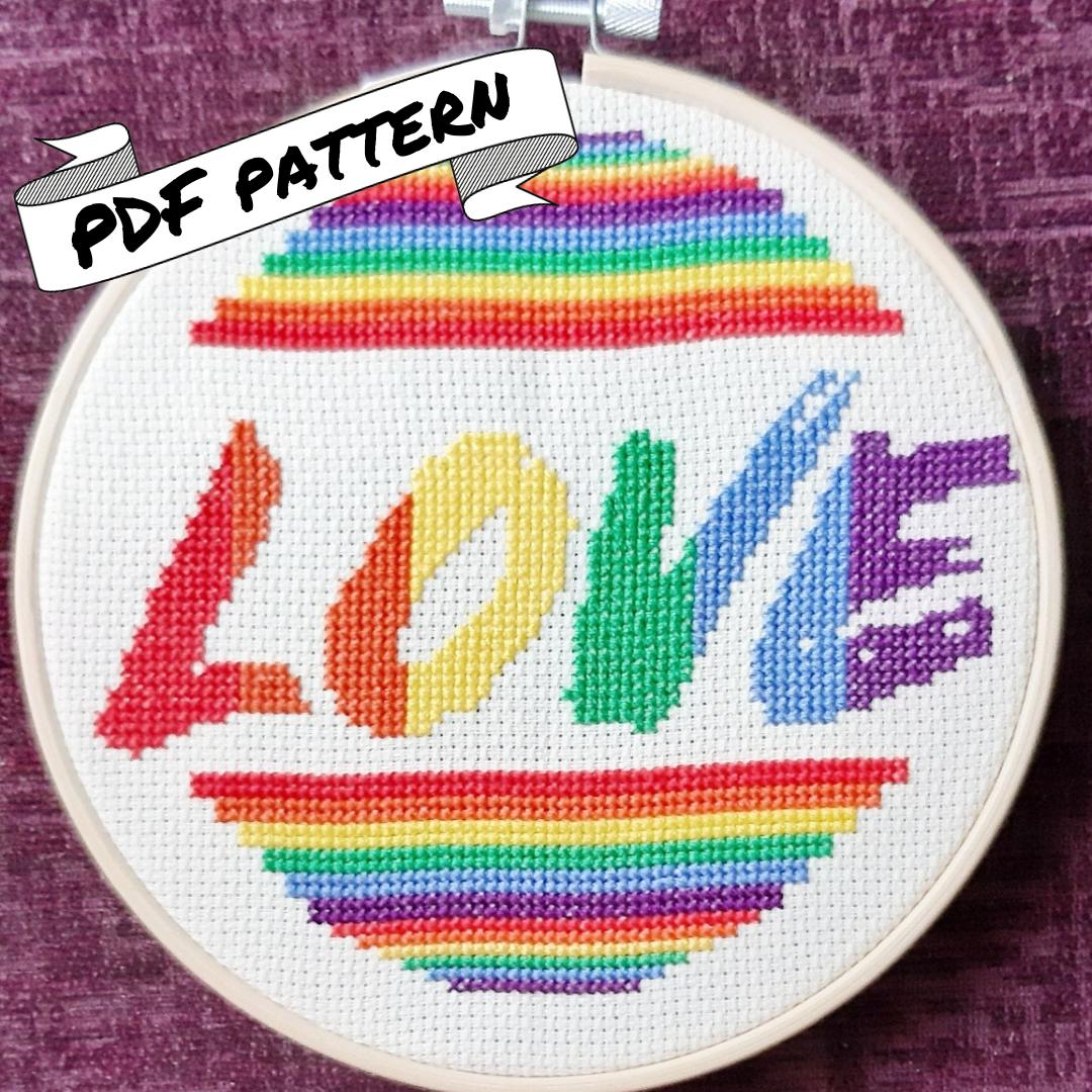 Rainbow Love cross stitch pattern pdf download - Thistleflat Crafts