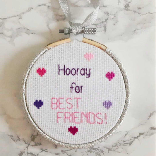 Hooray for best friends, completed cross stitch quote - Thistleflat Crafts
