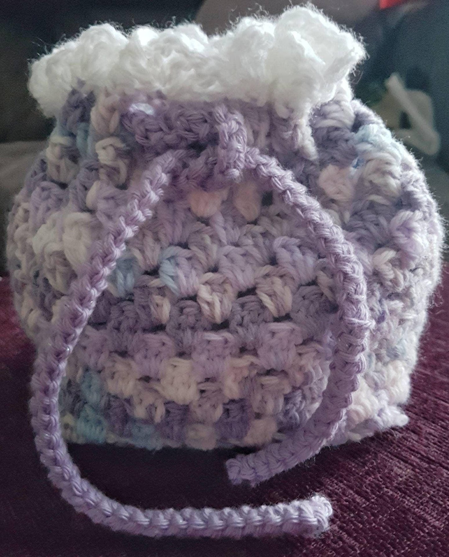 Purple drawstring crochet bag - Thistleflat Crafts