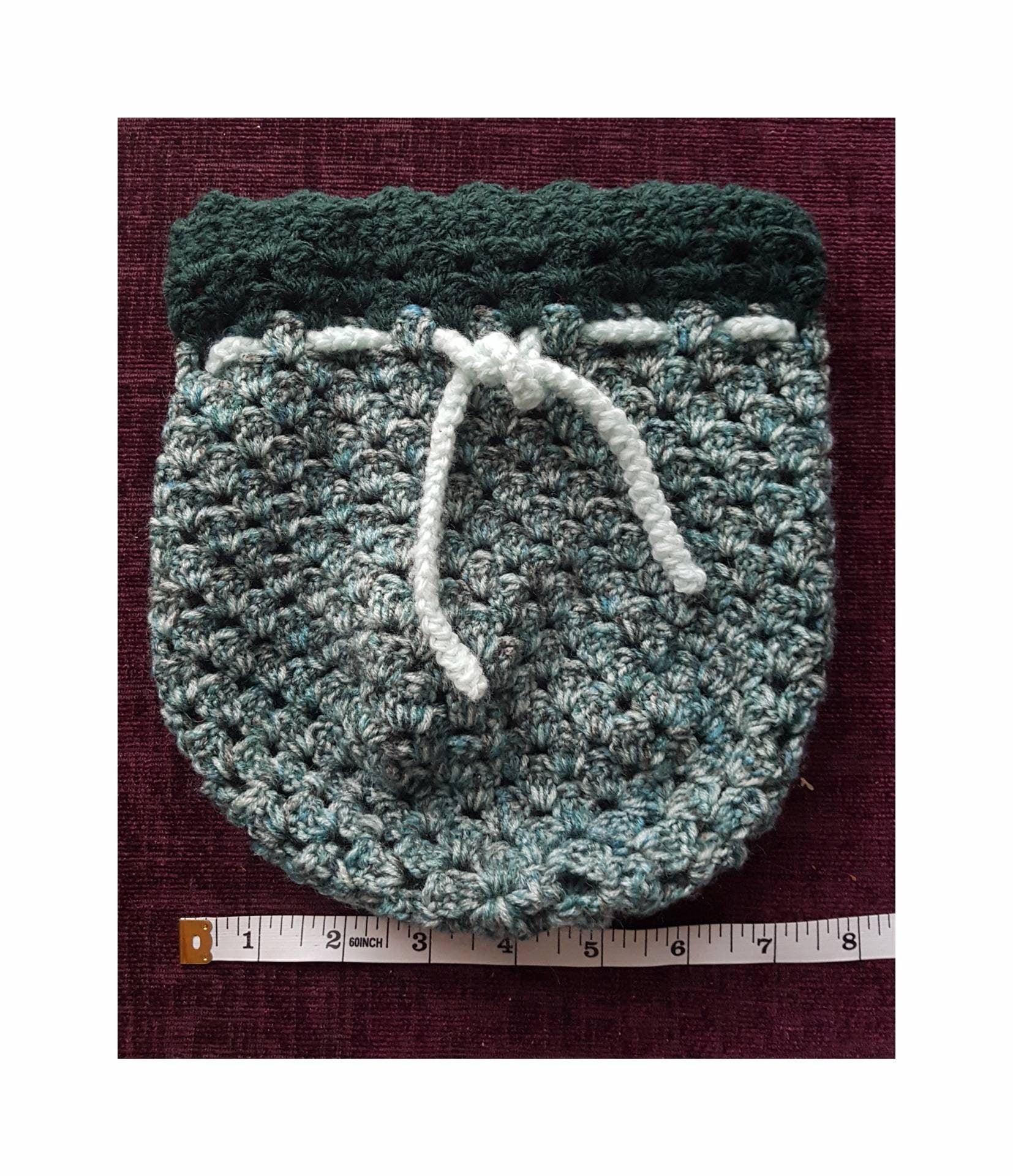Green crochet drawstring bag, small - Thistleflat Crafts