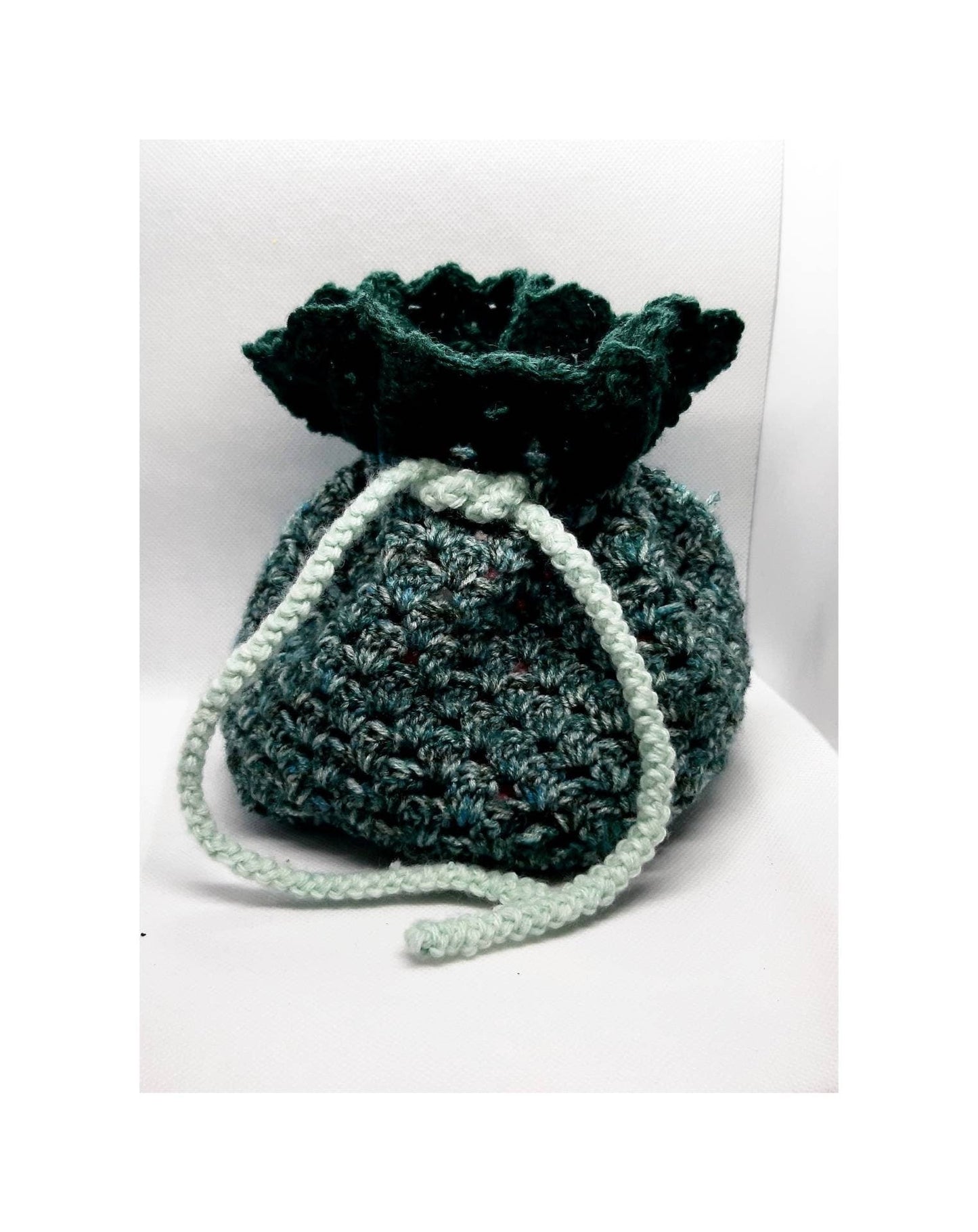 Green crochet drawstring bag, small - Thistleflat Crafts