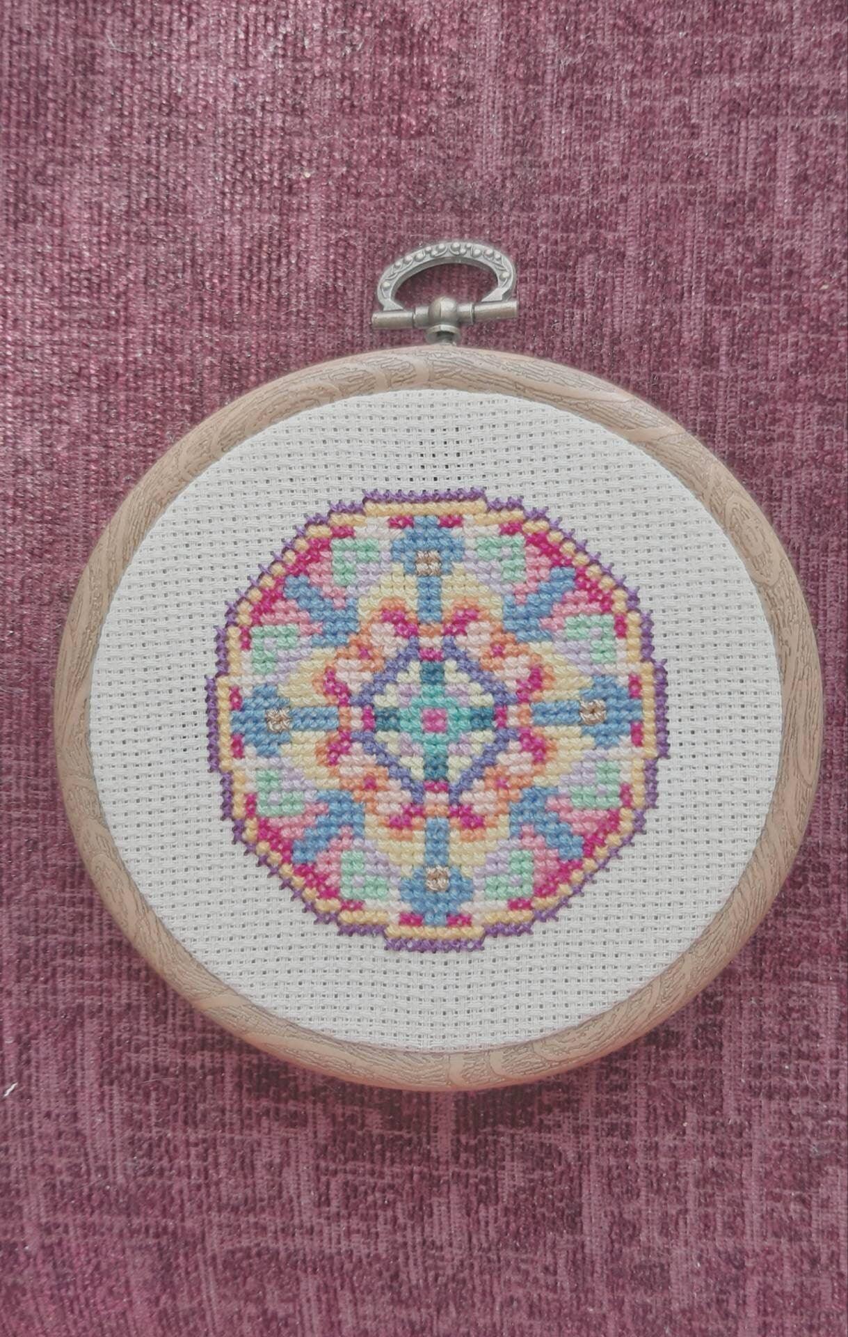 Mandala design, completed cross stitch - Thistleflat Crafts
