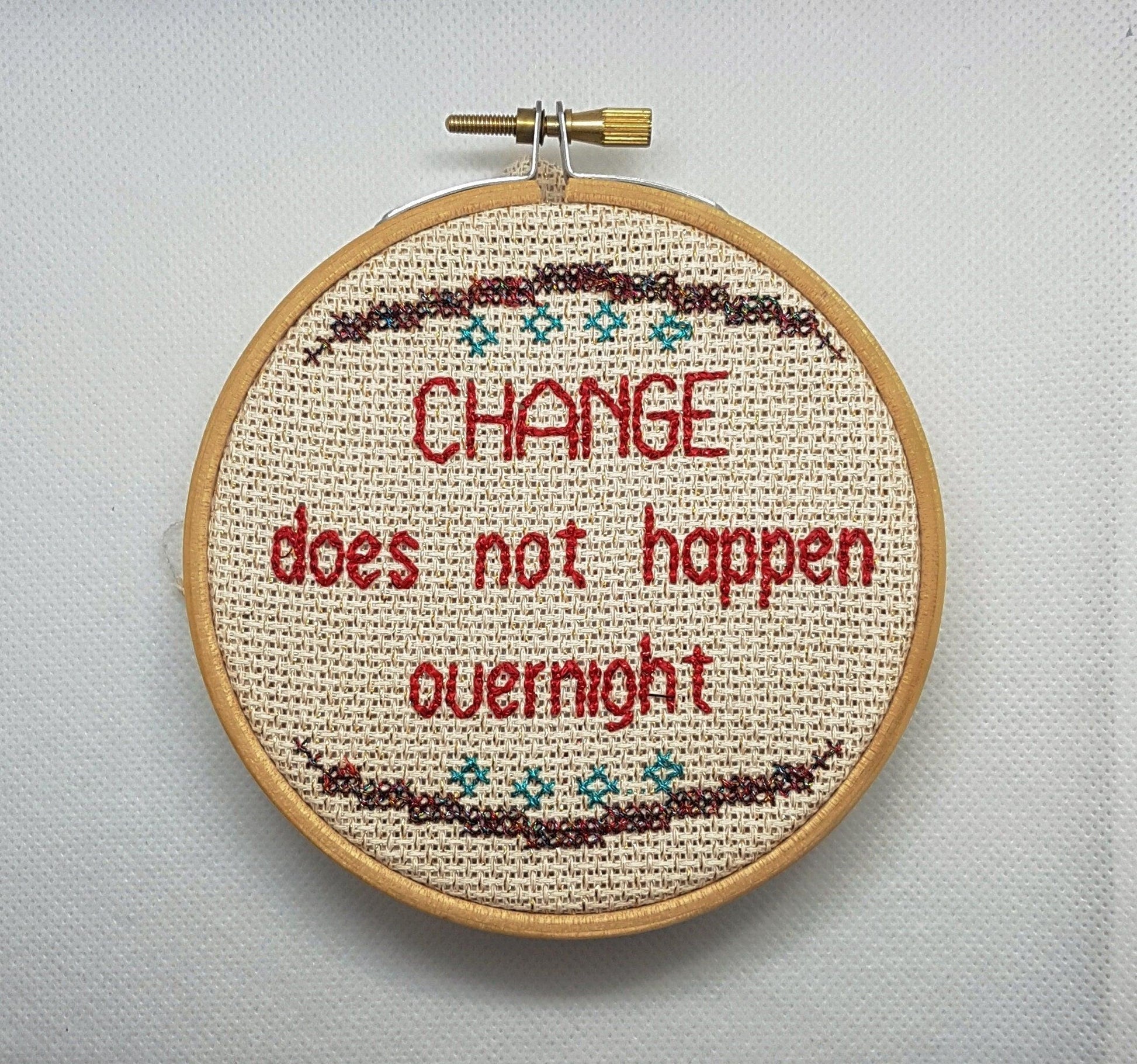 Change does not happen overnight, completed cross stitch quote - Thistleflat Crafts
