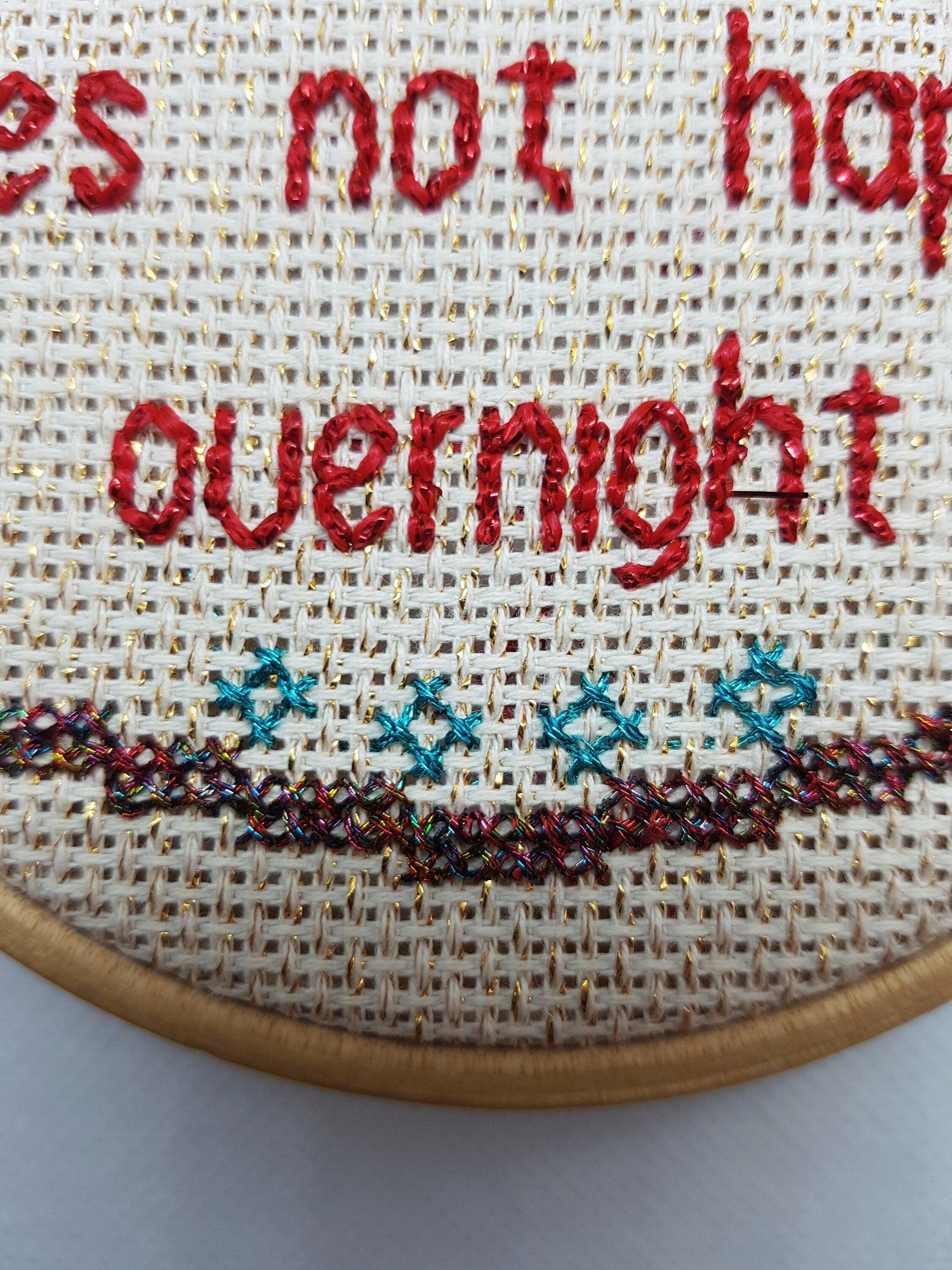 Change does not happen overnight, completed cross stitch quote - Thistleflat Crafts