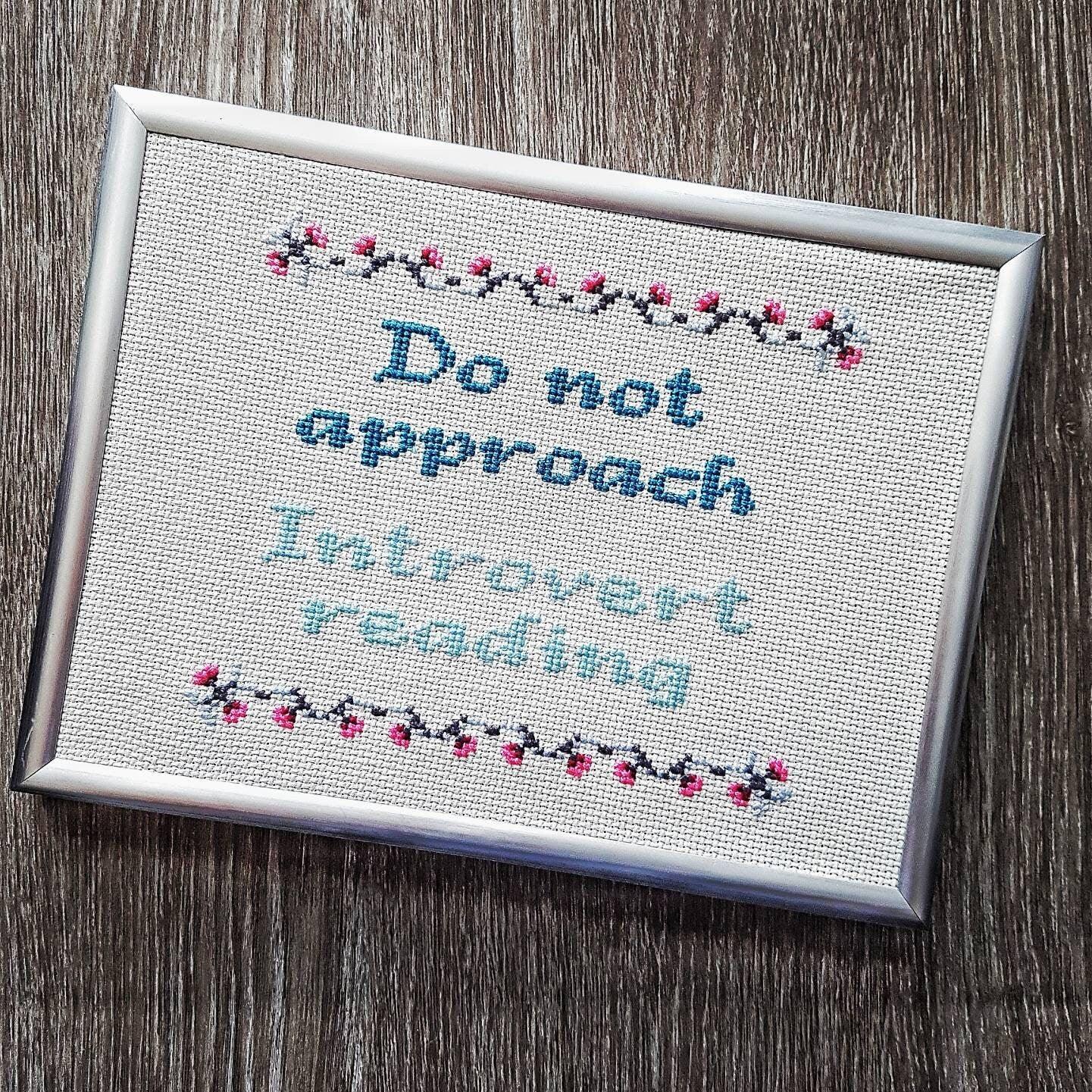 Completed cross stitch quote with the text 'Do not approach, introvert reading' in light and dark blue-green thread. Quote has a grey and pink border of small flowers. Cross stitch has a silver frame   