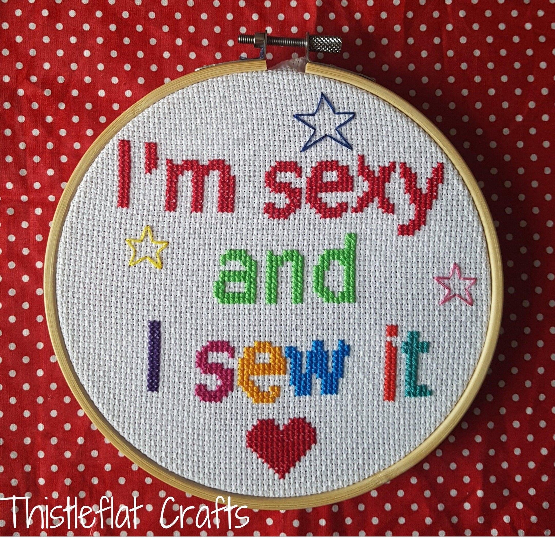 I'm sexy and I sew it, completed cross stitch quote - Thistleflat Crafts