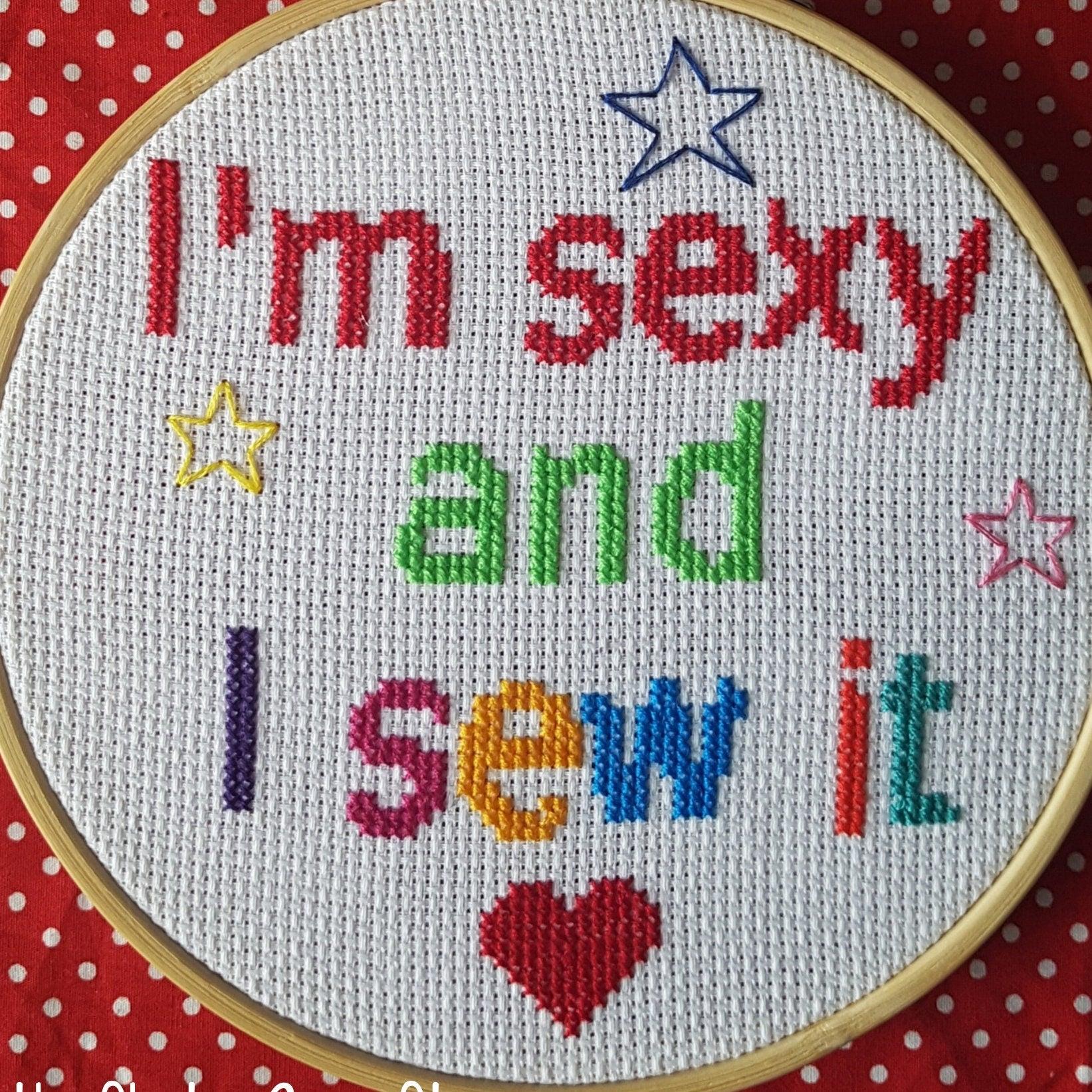 I'm sexy and I sew it, completed cross stitch quote - Thistleflat Crafts