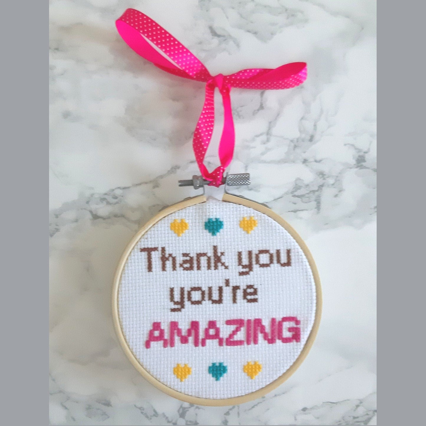 Thank you you're amazing, completed cross stitch quote - Thistleflat Crafts