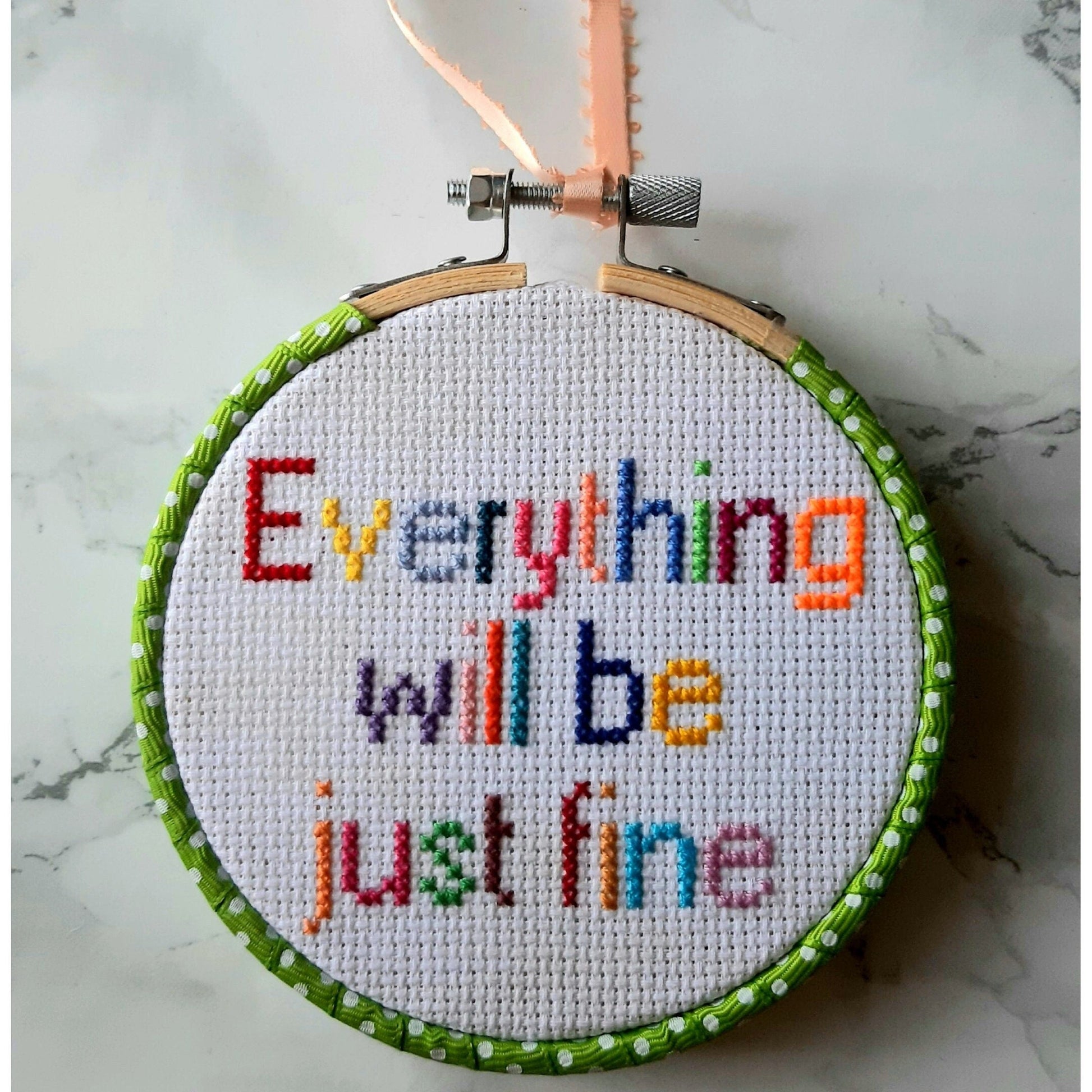 Everything will be just fine, completed cross stitch quote - Thistleflat Crafts