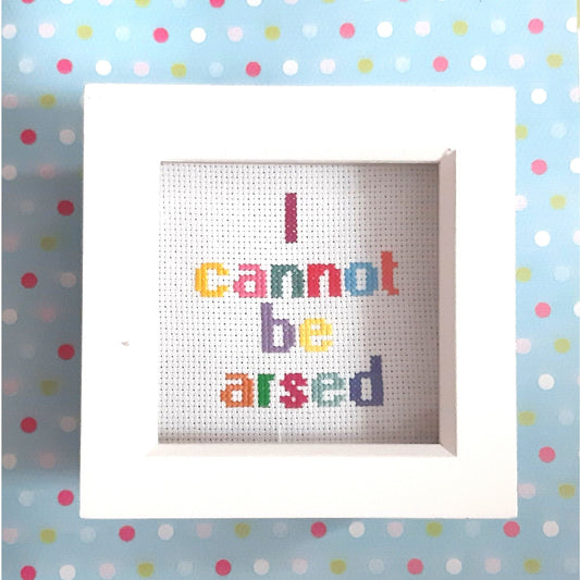 I cannot be arsed, completed cross stitch quote - Thistleflat Crafts