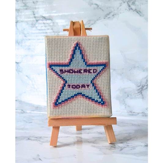 Showered today, adulting achievement star, completed cross stitch quote - Thistleflat Crafts