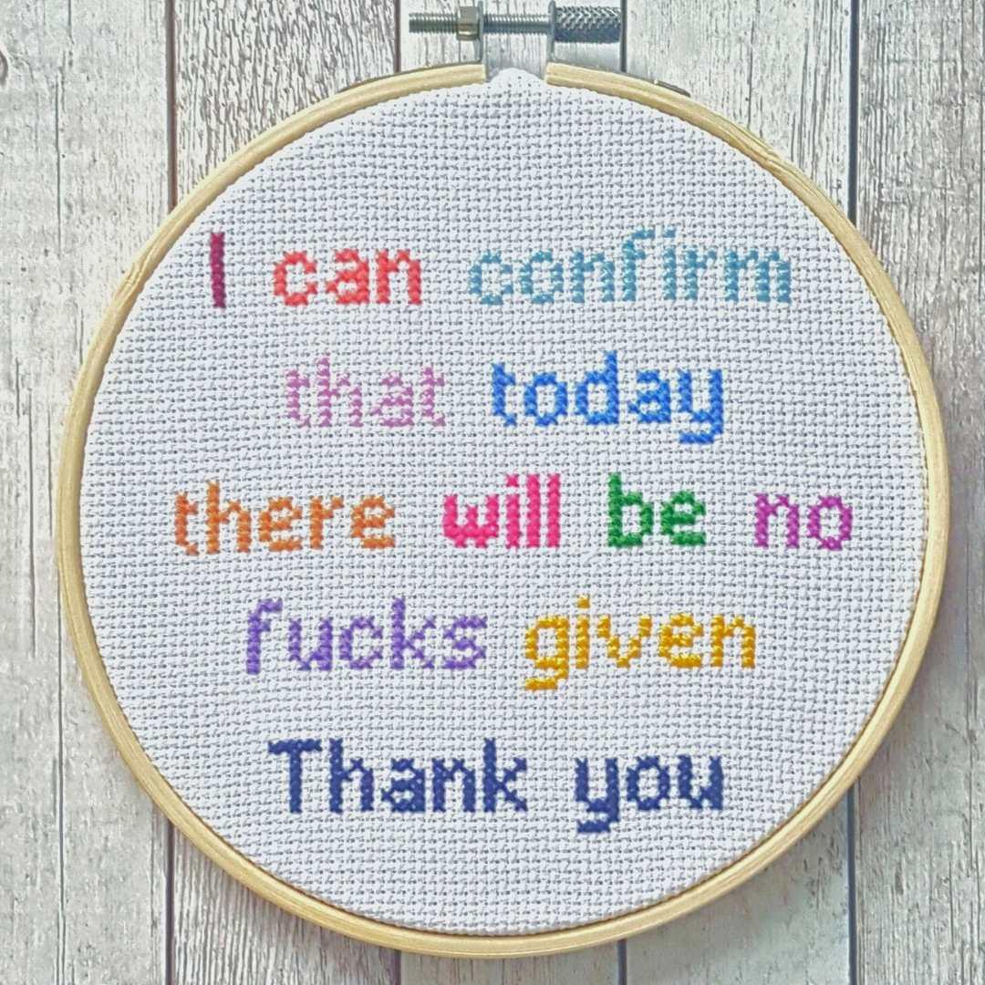 No fucks given, completed cross stitch quote - Thistleflat Crafts