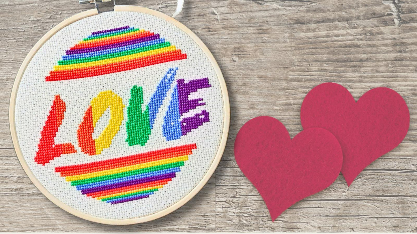 Rainbow Love, completed cross stitch - Thistleflat Crafts