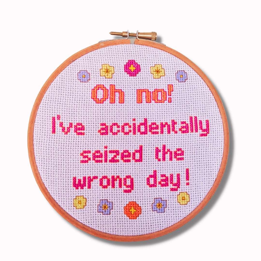 I've seized the wrong day, completed cross stitch quote - Thistleflat Crafts