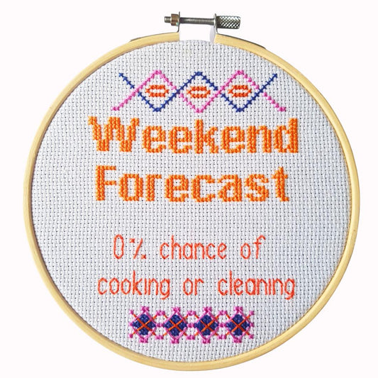 Weekend forecast, completed cross stitch quote - Thistleflat Crafts