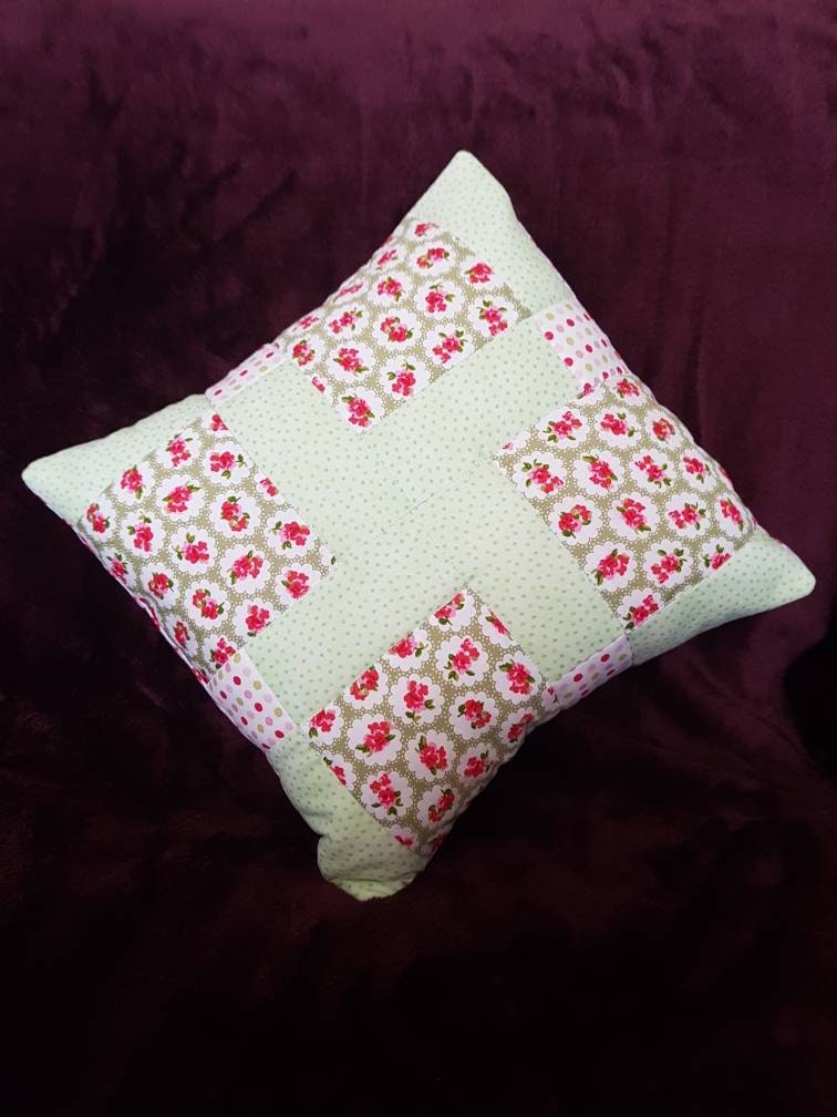 Handmade green and pink cushion cover