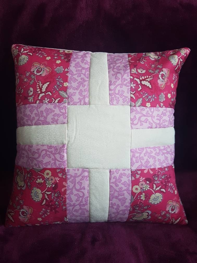 Handmade pink and cream patchwork cushion cover - Thistleflat Crafts