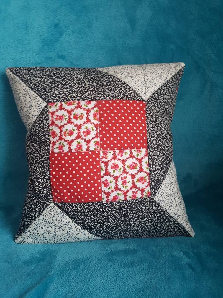 Handmade black and red patchwork cushion cover