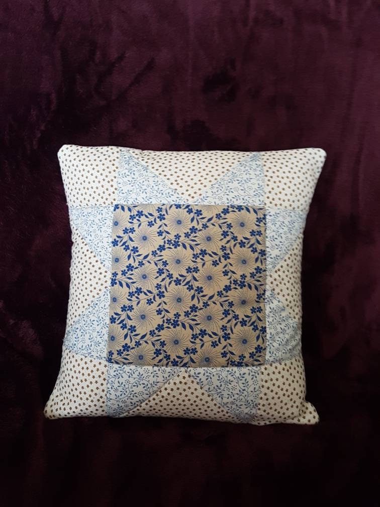 Handmade blue and gold patchwork cushion cover - Thistleflat Crafts